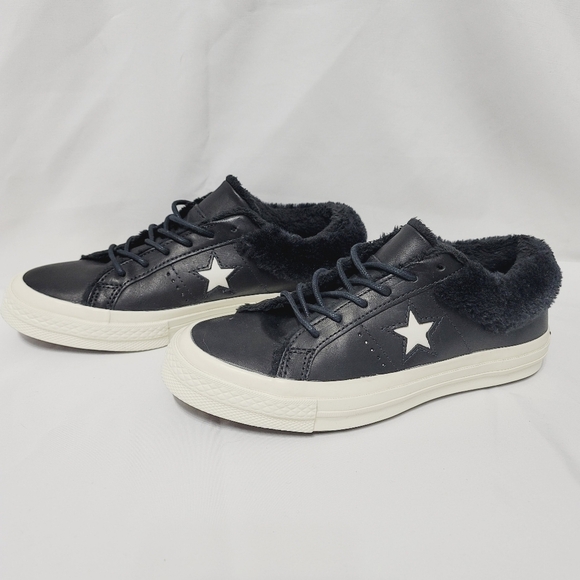 NWOB CONVERSE ONE STAR LOW STREET LEATHER WARMER 'BLACK' - FAUX FUR LINING - Picture 2 of 12
